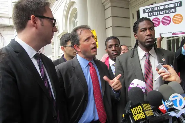 The NYCLU's Udi Ofer, with Councilmembers Brad Lander and Jumaane Williams at today's press conference on the steps of City Hall